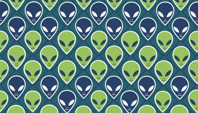 Green and blue alien heads repeating seamless pattern