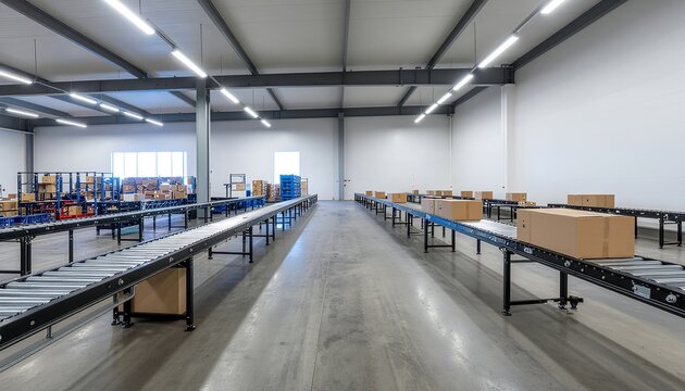 Modern warehouse interior with conveyor belts and cardboard boxes