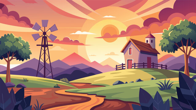 Farmhouse and windmill in rolling hills during a vibrant sunset with dramatic clouds and a winding path