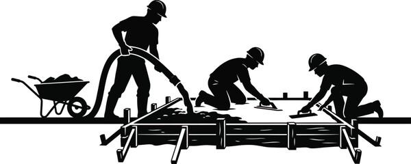 Obraz premium Construction workers silhouette team pouring cement and smoothing foundation surface on construction.