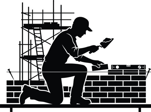 Silhouette illustration of bricklayer working on construction site with scaffolding and tools nearby.