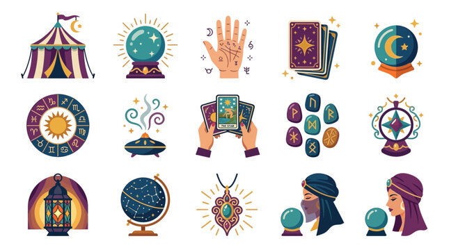 Flat vector icons of mystical tools, astrology, and divination elements