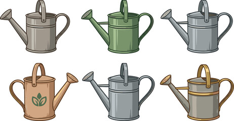 Garden watering can icons set, vintage metal watering pot vector illustration © Jarin