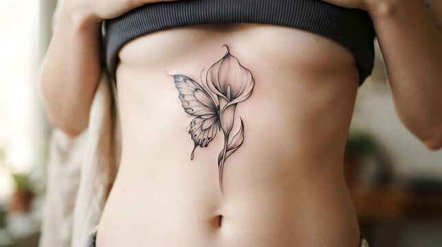 Delicate black and white calla lily butterfly tattoo on upper arm