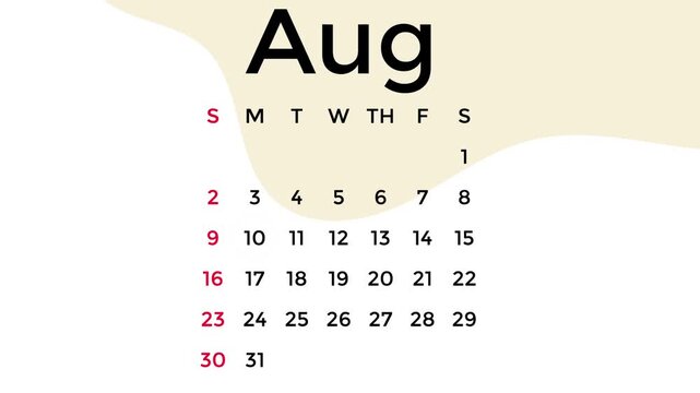 August 10, 2026 calendar video in cream color on white background