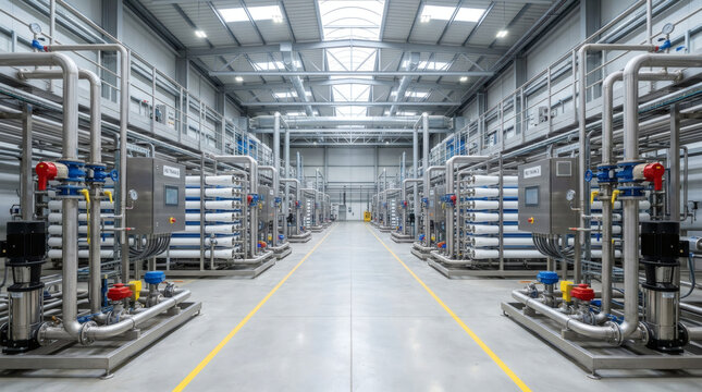 Symmetrical shot of an advanced reverse osmosis water desalination plant, clean stainless steel pipes, high-pressure valves, bright industrial facility, no people, 8k.