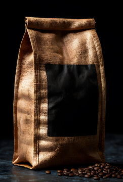 brown burlap coffee bag with black label and coffee beans