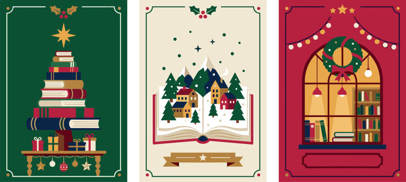 Christmas Holiday Greeting Card Template Set with Book Tree Pop Up Village and Cozy Library Window Illustrations