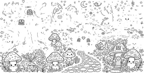 Obraz premium Magical Fairy Garden Coloring Page with Mushroom Houses, Enchanted Forest Path, Cute Fantasy Village, Whimsical Nature, and Printable Line Art Vector Illustration