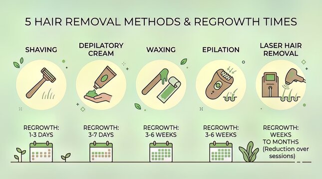 Informative infographic illustration comparing five different hair removal methods and their corresponding expected regrowth times for smooth skin care routines presented in a clear visual layout