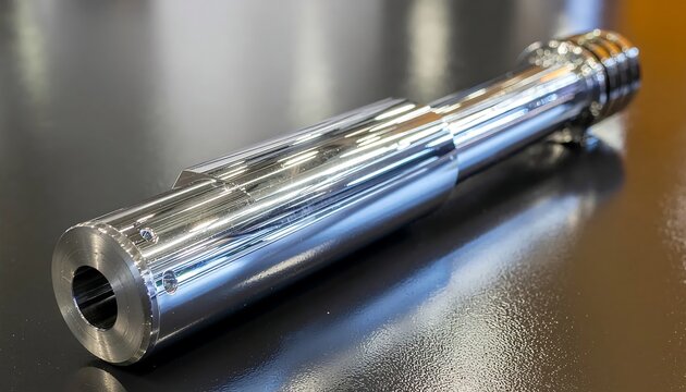 Polished metal shaft with threaded ends on dark surface