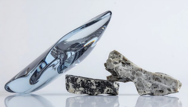 Polished graphite crystal and raw ore on white background