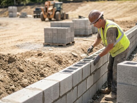 Mason laying concrete block for retaining wall at construction site. Man in hard hat and safety vest building stone structure. Professional bricklayer working on housing development project