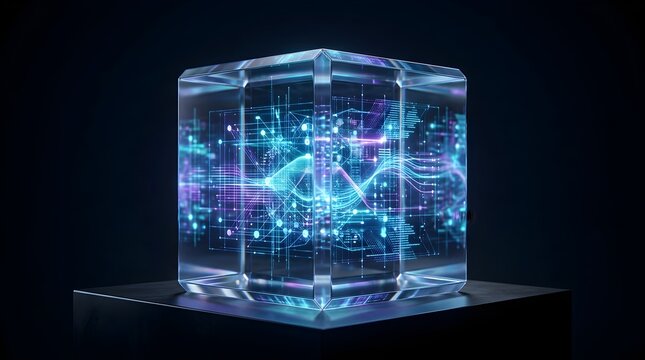 A transparent glass cube displaying vibrant holographic digital data streams and neural networks inside, symbolizing big data, AI processing, quantum computing, and futuristic technology.

