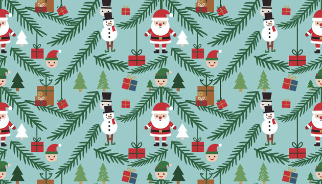 Seamless christmas pattern with snowman santa claus and elf