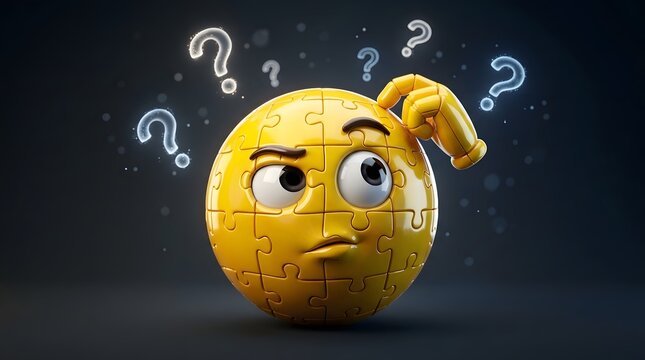 3D Puzzle Sphere Emoji Thinking and Confused Scratching Head Surrounded by Glowing Blue Question Marks
