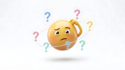 Fototapeta premium 3D Yellow Confused Emoji Character Scratching Head with Orbiting Pastel Question Marks Isolated on Light Background
