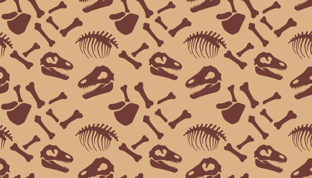 Seamless pattern with dinosaur skeleton and bones