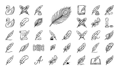 Obraz premium Hand Drawn Feather and Quill Outline Icon Set Vector