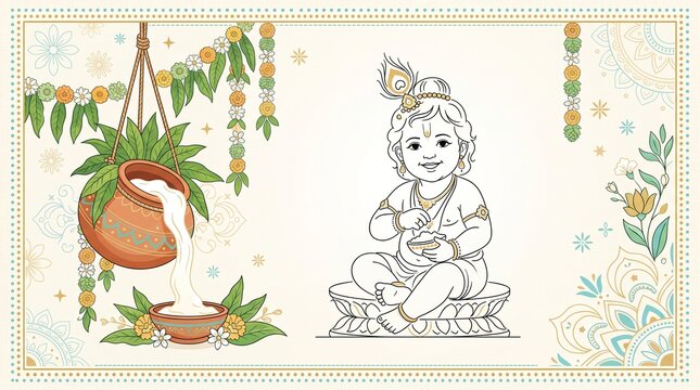 Happy janmashtami matki and bansuri with lord krishna illustration banner post design