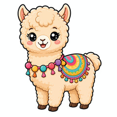 Fototapeta premium Cute Cartoon Baby Llama Illustration With Colorful Decorative Saddle Blanket And Festive Pom Pom Collar Accessory Art