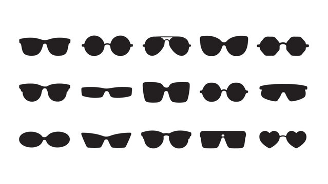 A comprehensive collection of diverse fashion eyewear silhouettes featuring various stylish sunglasses shapes isolated on a clean white background for design projects