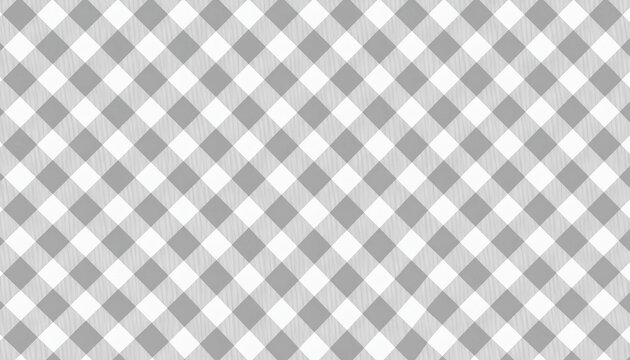 Classic seamless gray and white gingham checkered pattern background with subtle fabric texture detail, ideal for kitchen textiles, tablecloth mockups, and picnic menu card designs.