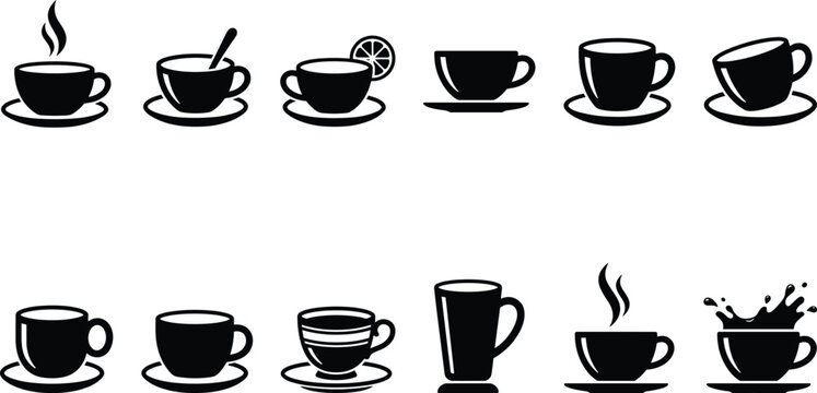 Coffee cup icon set, tea mug vector illustration, black silhouette symbols, cafe design elements
