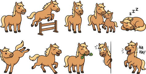 Fototapeta premium Cute cartoon horse character emoji set, various emotions, jumping, sleeping, running vector illustration