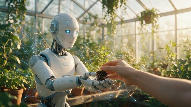 A sleek humanoid robot with matte white shell gently handing a plant seedling to a blurred human hand in a sunlit modern greenhouse, collaborative atmosphere, warm golden hour backlighting, glowing ne