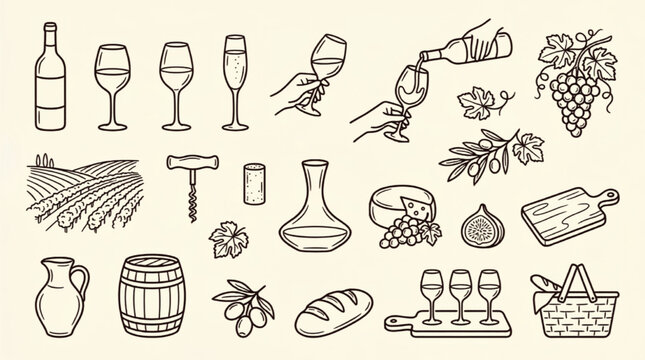 Vintage wine icons set in hand drawn line art style, vineyard and winery elements collection, rustic sommelier tasting graphics for restaurant menus
