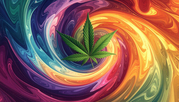 A hemp or marijuana leaf on a rainbow background. Psy format