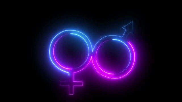 Glowing neon male and female gender symbols on dark background vector illustration