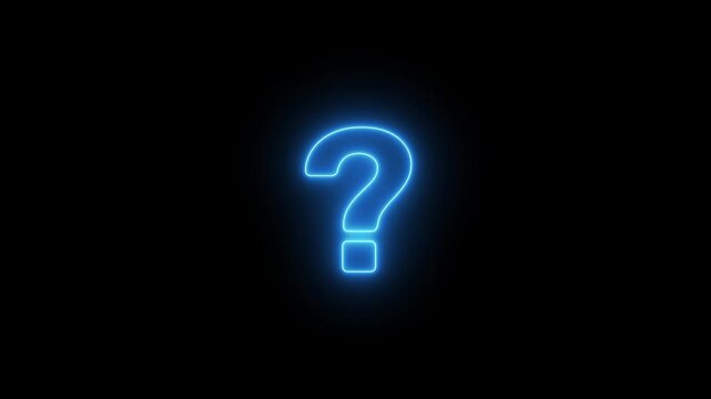 Glowing neon blue single question mark motion graphic loop, animated faq help support quiz icon on alpha transparent background