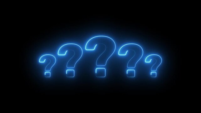 Glowing neon blue three question marks loop animation, animated faq quiz problem solving motion graphic element on black background