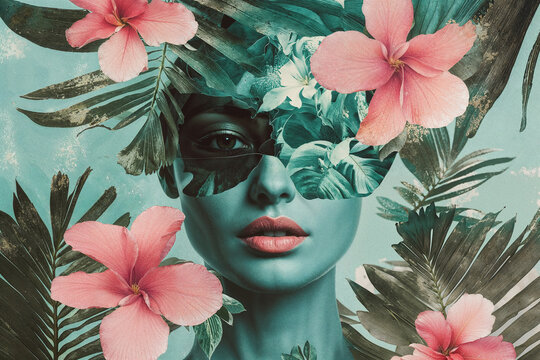 Surreal portrait with floral and tropical leaf elements