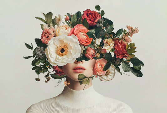 Artistic portrait with woman hidden by colorful floral arrangement