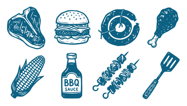 Collection of grilled food items illustrated in a rustic woodcut and linocut style