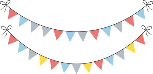 Obraz premium Two rows of colorful triangular party bunting flags hanging on strings