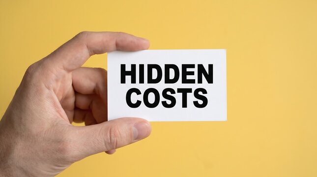 Hidden costs business concept, hand holding white card with text, financial transparency and unexpected expenses on yellow background