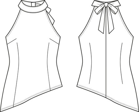 Technical fashion sketch of a women's sleeveless halter top with tie-back neck and asymmetric hem, front and back view
