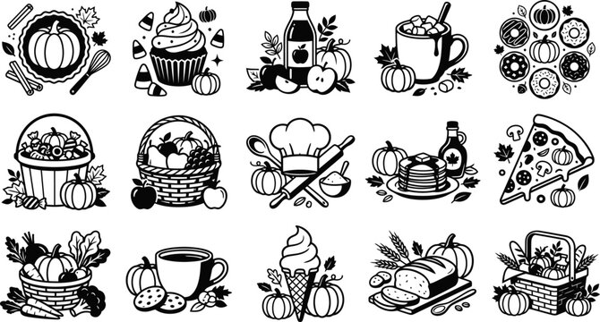 Set of black and white autumn harvest icons with pumpkins and seasonal food items for thanksgiving holiday season