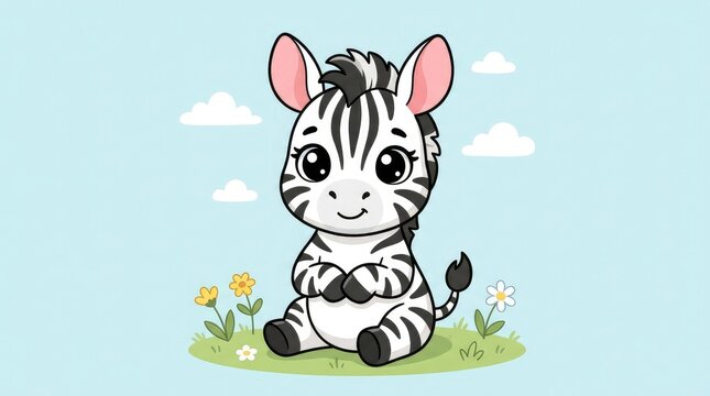 Cute cartoon baby zebra sitting in a meadow. Adorable young animal character resting on grass with flowers and clouds.