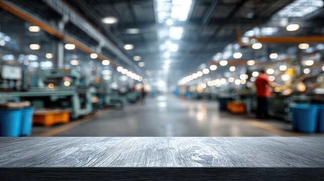 Wooden tabletop with blurred industrial factory background featuring machinery and workers