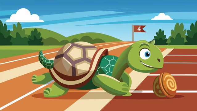 Happy cartoon turtle racing a snail on a track with a finish line during daylight