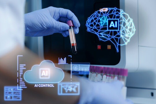 Doctor hands holding blood vial near ai brain interface and innovation analyzer for medical research artificial intelligence and healthcare