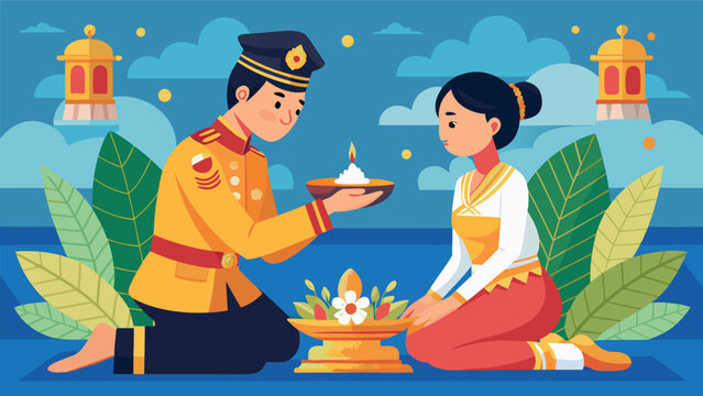 Man in uniform offers candlelit offering to woman in traditional attire during ceremony with ornate lanterns