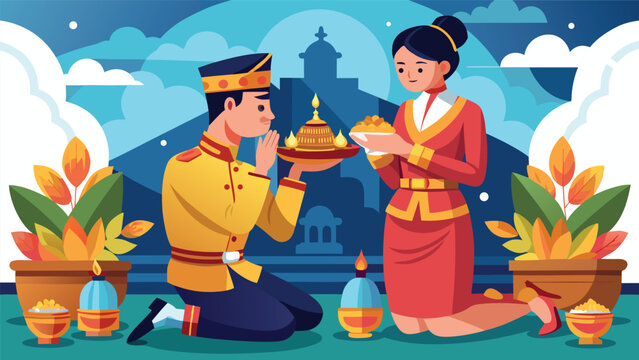 Couple in traditional attire offering food during a cultural ceremony in a vibrant outdoor setting