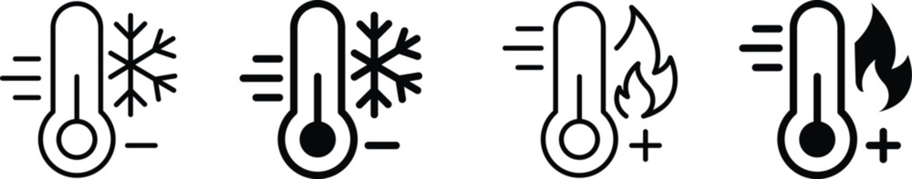 Hot and cold temperature thermometer icon set. High and low heat symbol. Freeze, flame, chill and frost signs. Thermal and temperature concept representing hot and cold monitoring.