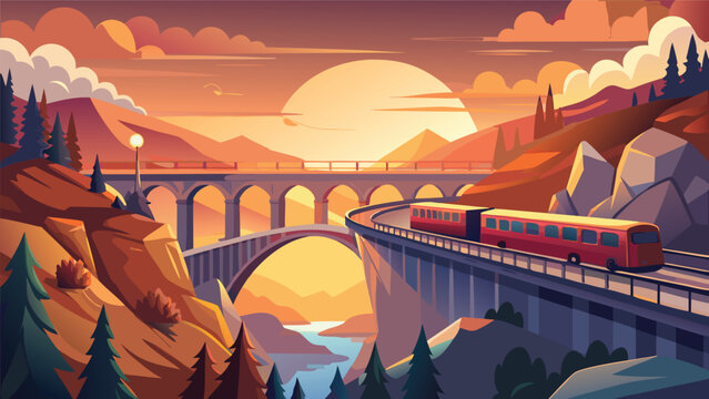 Red train travels on a viaduct during sunset over a valley with mountains and trees a stylized landscape